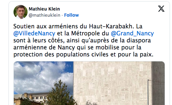 Soutien aux arméniens du Haut-Karabakh. La @VilledeNancy  et la Métropole du @Grand_Nancy  sont à leurs côtés