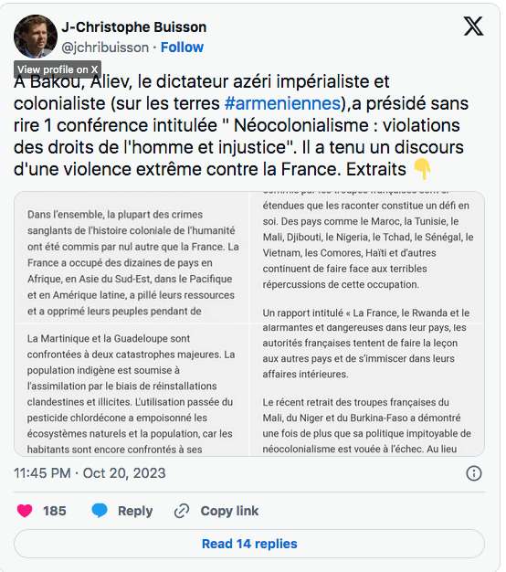 L&rsquo;exrtrême violence d&rsquo;Aliev contre la France