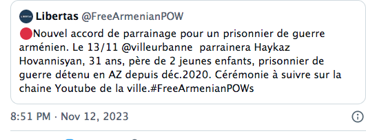 Après Lyon, Genève, Montpellier, Valence. Bourg -lès-Valence, Saint Chamond, 9 ONG des droits humains Dove Tales Écosse, l&rsquo;ONG Christian Solidarity International,  Villeurbanne parraine un prisonnier de guerre arménien détenu illégalement par l&rsquo;Azerbaïdjan