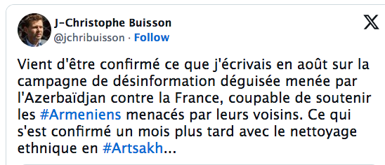 Vient d&rsquo;être confirmé ce que j&rsquo;écrivais en août sur la campagne de désinformation déguisée menée par l&rsquo;Azerbaïdjan contre la France