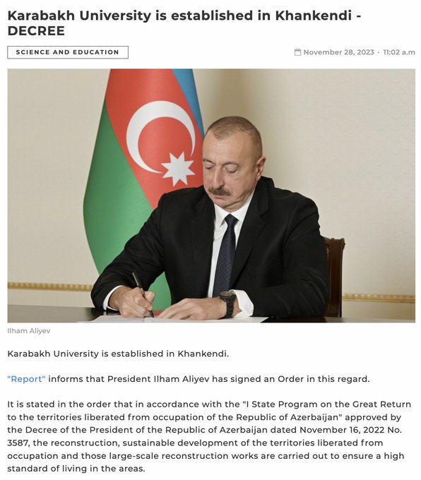 Aliyev a signé un décret ordonnant la création de l' »Université du Karabakh » à Stepanakert.