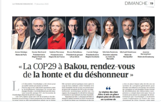 L&rsquo;appel des politiques contre la COP29 à Bakou dans la Tribune du Dimanche