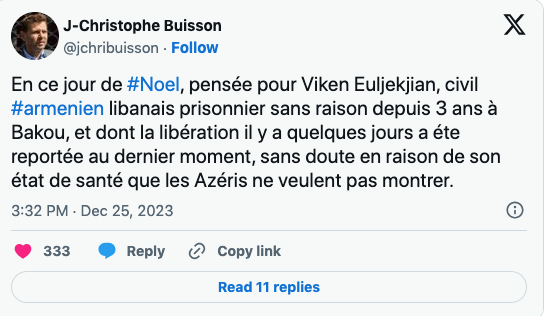 L&rsquo;état de santé de Viken Euljekjian civil libanais emprisonné en Azerbaïdjan