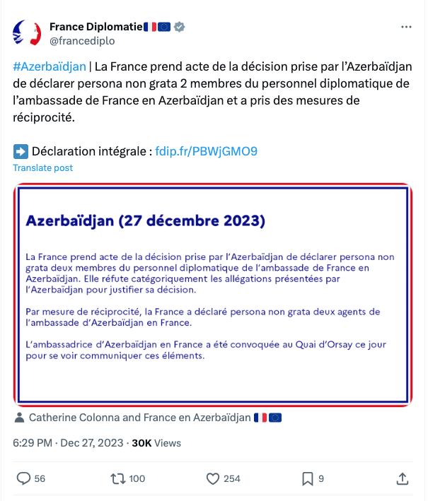 la France a déclaré persona non grata deux agents de l’ambassade d’Azerbaïdjan en France