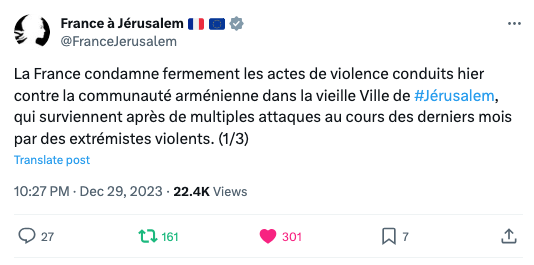 La France condamne les actes de violence contre la communauté arménienne