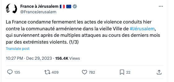 La France condamne fermement les actes de violence contre la communauté arménienne