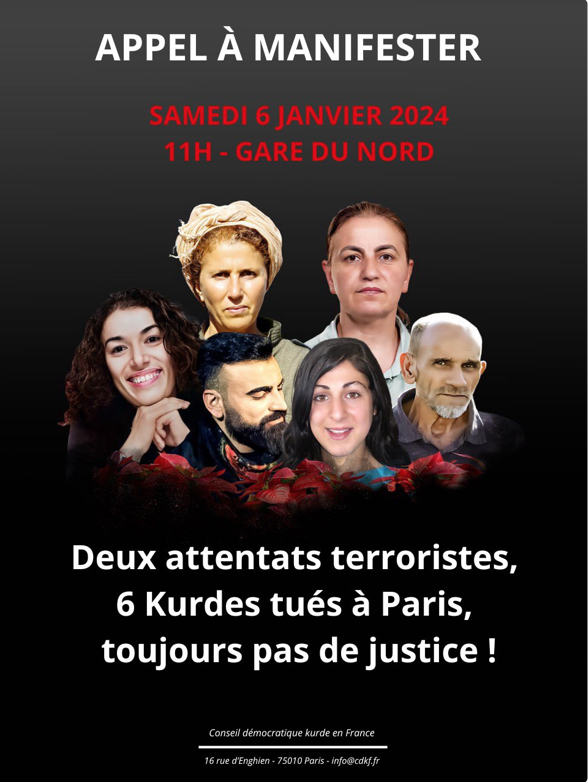 Grande marche « Vérité et Justice pour Sakine, Fidan et Leyla ». Samedi 6 janvier, Gare du Nord, 11h