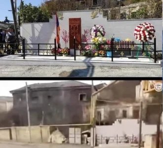 L&rsquo;Azerbaïdjan est en guerre contre les khachkars arméniens en Artsakh occupé : destruction d’un khachkar à Martakert