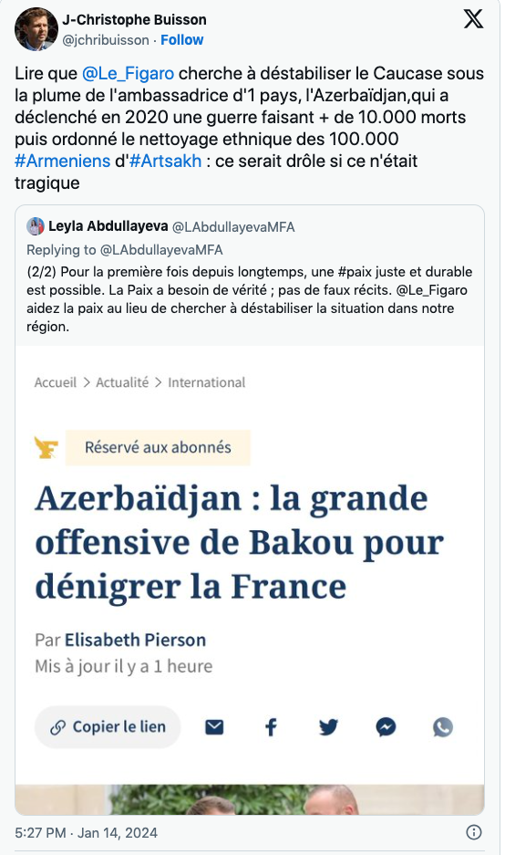 Lire que Le Figaro  cherche à déstabiliser le Caucase sous la plume de Leyla Abdullayeva