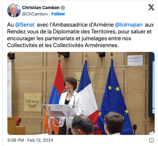 pour saluer et encourager les partenariats et jumelages entre nos Collectivités et les Collectivités arméniennes