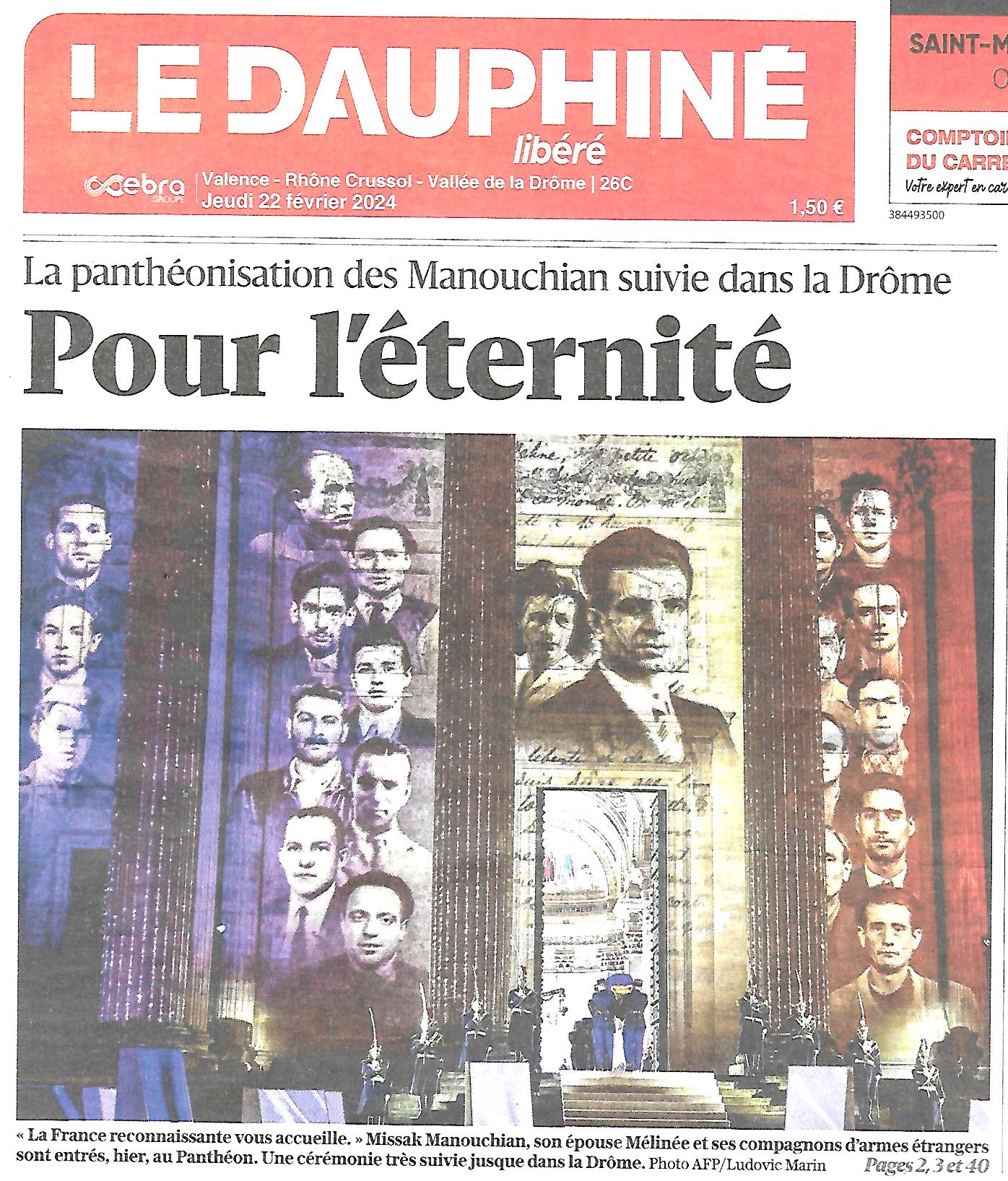 Le Dauphiné Libéré (édition régionale) : Missak Manouchian, une panthéonisation suivie dans la Drôme