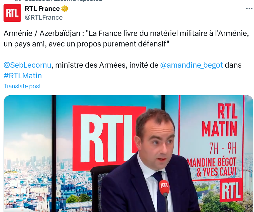 « La France livre du matériel militaire à l&rsquo;Arménie, un pays ami, avec un propos purement défensif »