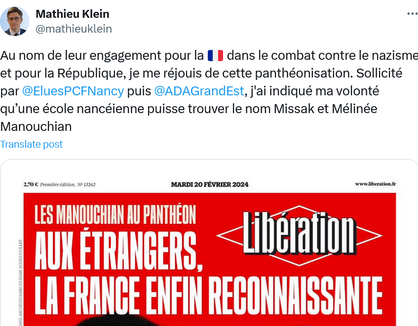 J&rsquo;ai indiqué ma volonté qu’une école nancéienne puisse trouver le nom Missak et Mélinée Manouchian