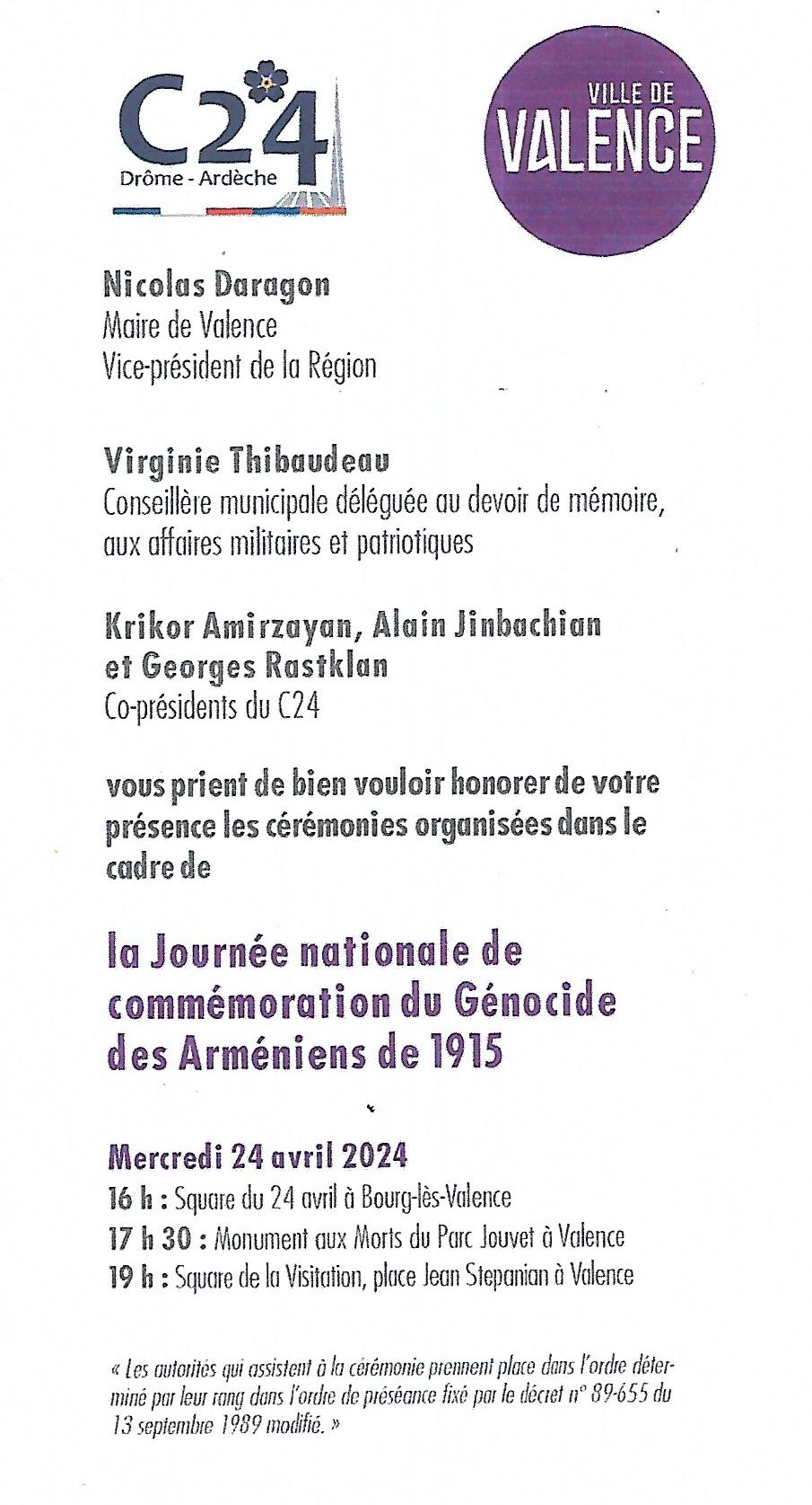 La Ville de Valence et le C24 invitent à la cérémonie officielle de la Journée nationale du Génocide des Arméniens le 24 avril 2024