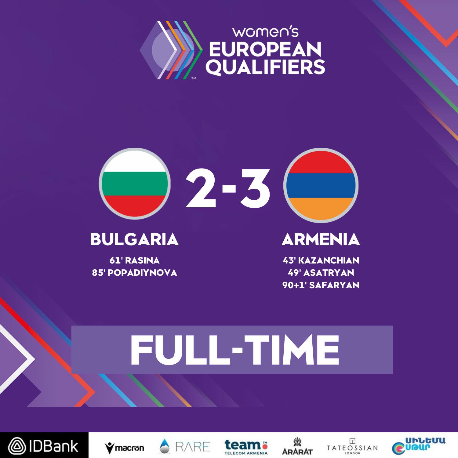 L’équipe féminine d’Arménie de football gagne 3-2 face à la Bulgarie. Historique, car première victoire depuis 13 ans
