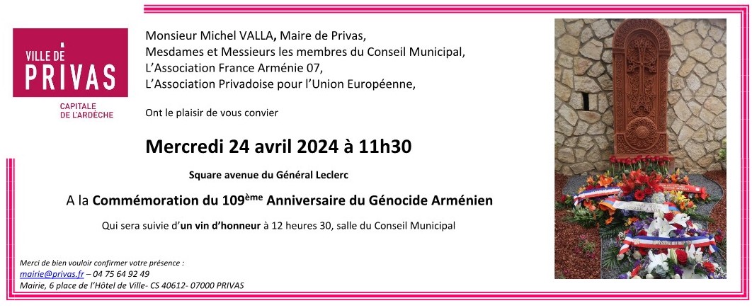 Commémoration du 109ème anniversaire du Génocide des Arméniens à Privas (Ardèche) le 24 avril à 11h30