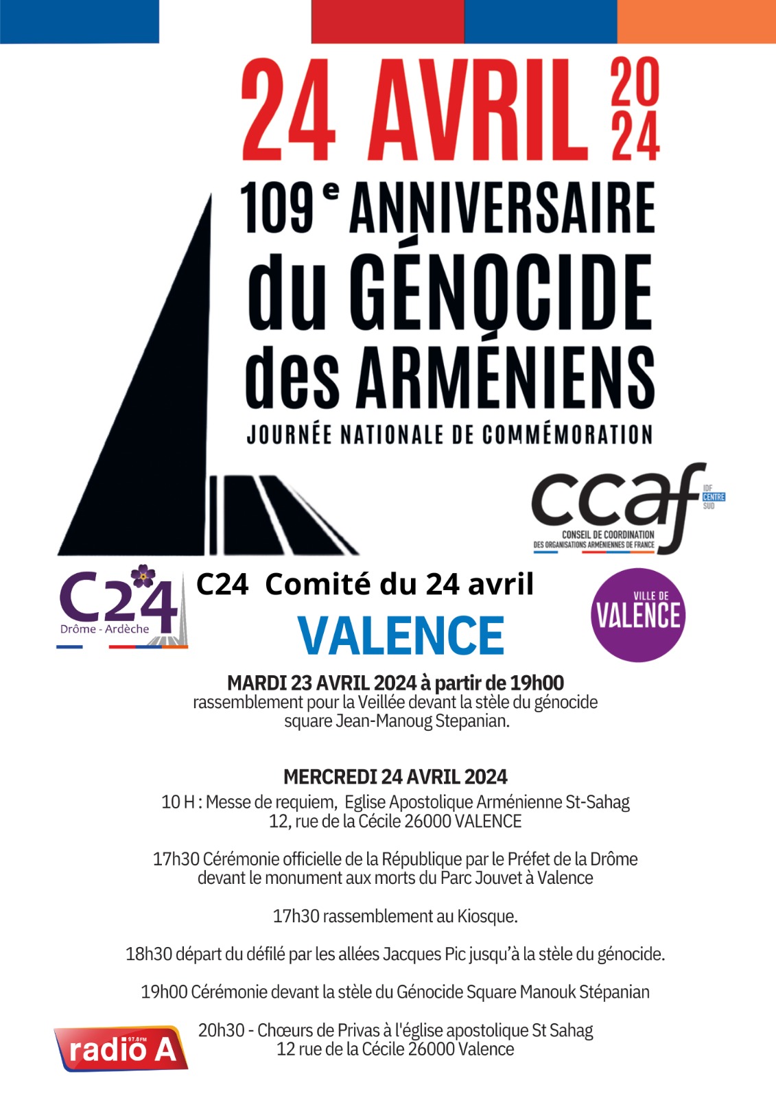 Valence: Programme de la Commémoration du 109e anniversaire du Génocide des Arméniens