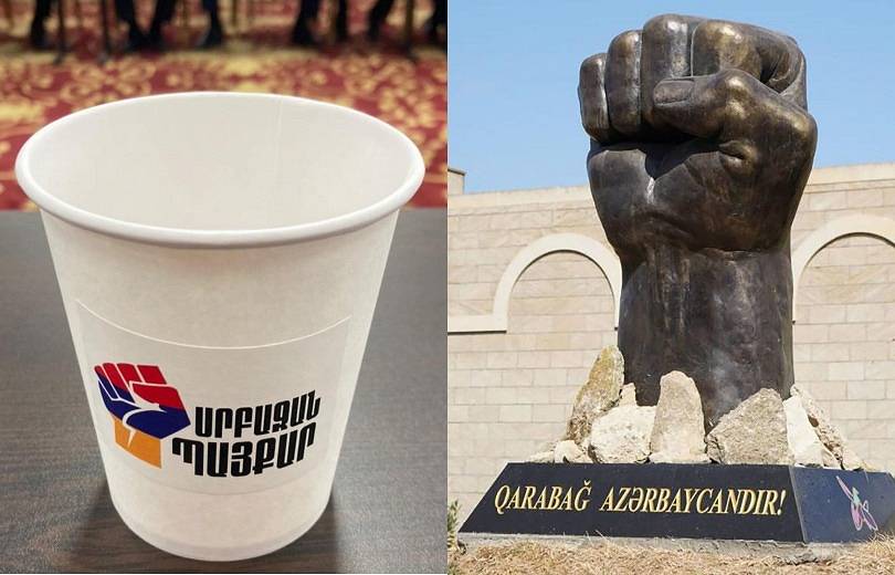 Le logo du mouvement de Galstanyan est comparé à la statue du « symbole de la guerre du Karabakh » installée à Bakou