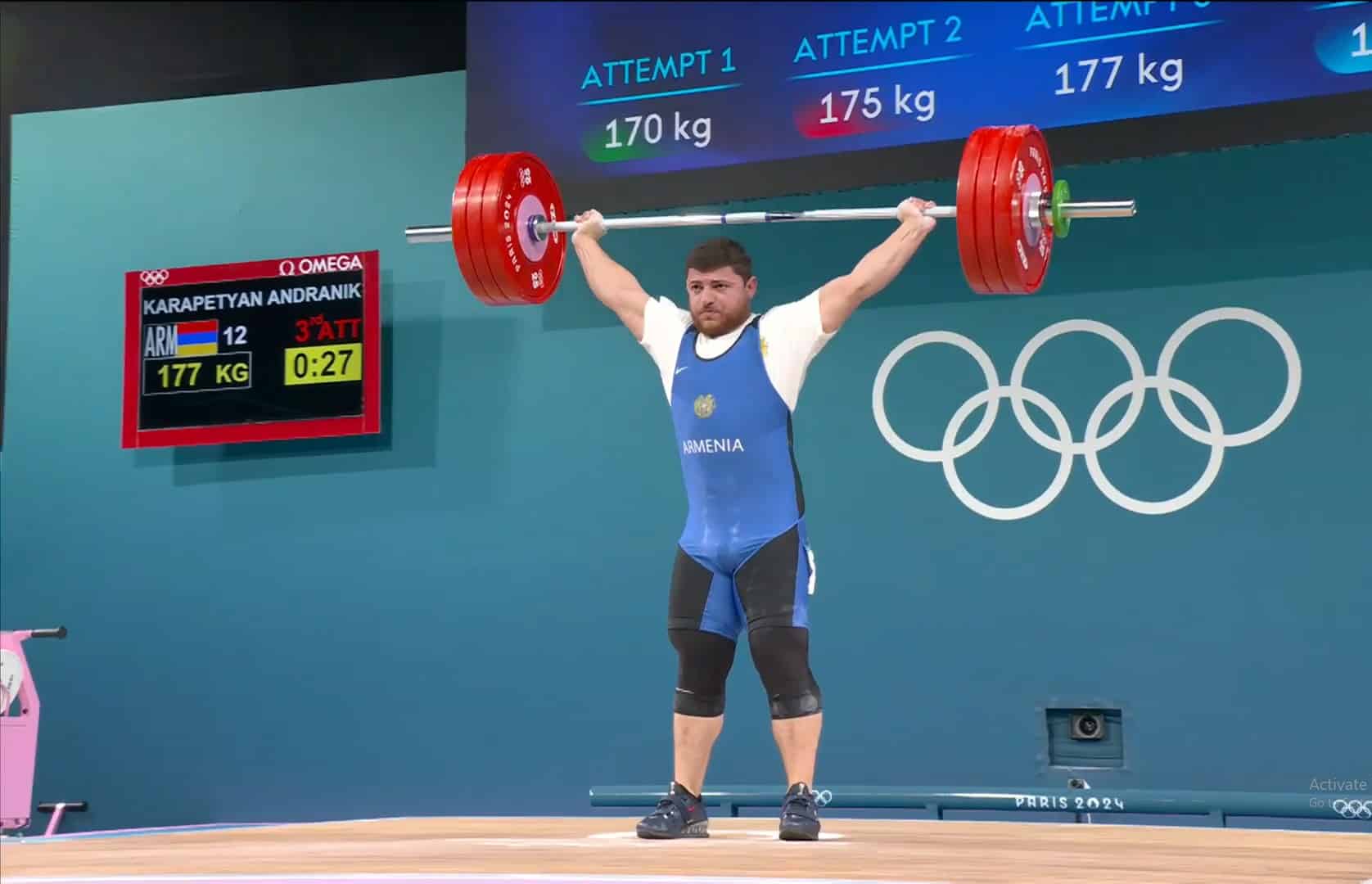 L’haltérophile Andranik Karapetyan (89 kg, Arménie) est 5ème après l&rsquo;exercice de l’arraché