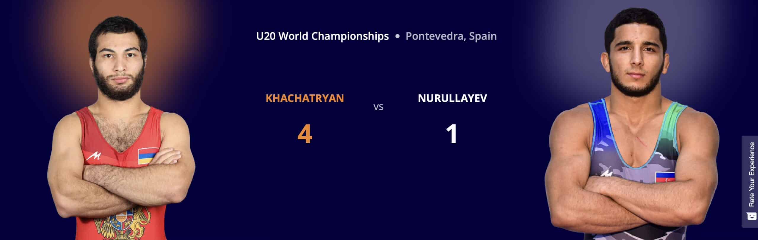 Ashot Khachatryan (Arménie) s&rsquo;impose 4-1 sur l&rsquo;Azerbaïdjanais Ruslan Nurullayev pour atteindre la finale des Championnats du monde U20 de lutte gréco-romaine à Pontevedra (Espagne)