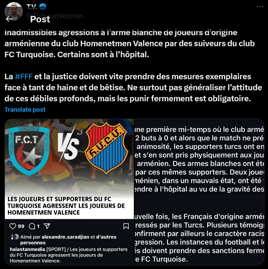 Inadmissibles agressions à l’arme blanche de joueurs d’origine arménienne du club Homenetmen Valence