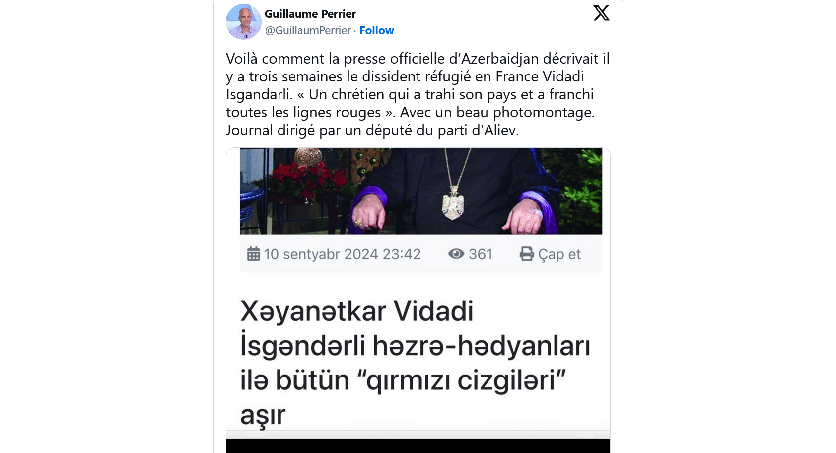 Voilà comment la presse officielle d’Azerbaidjan décrivait le dissident réfugié en France Vidadi Isgandarli