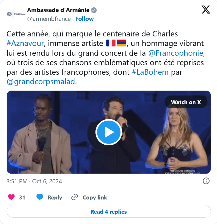 Immense artiste 🇫🇷🇦🇲, un hommage vibrant lui est rendu lors du grand concert de la @Francophonie