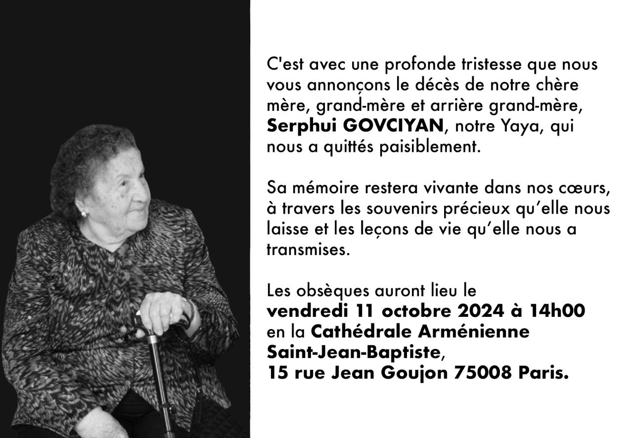 Décès de Mme Serphui Govciyan, mère d&rsquo;Alexis Govciyan