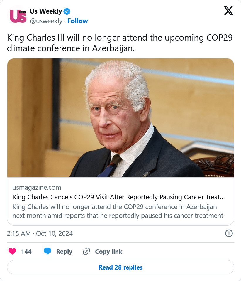 Le roi Charles III n&rsquo;ira pas à la COP 29