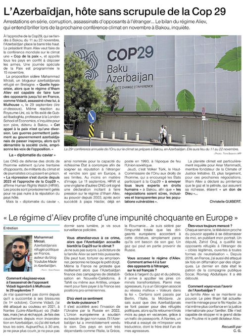 Interview dans Ouest-France sur la dynastie Aliev