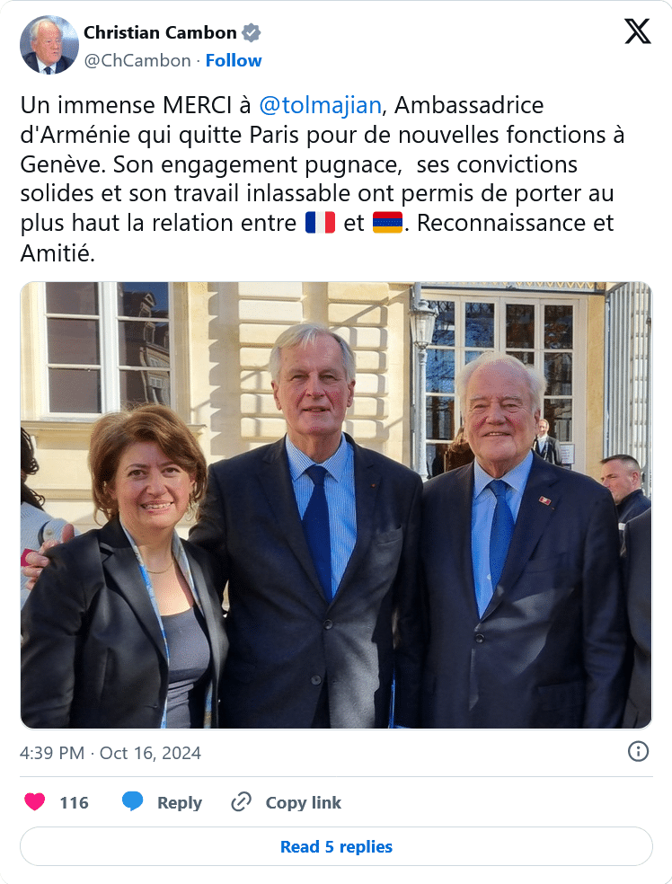 Un immense MERCI à @tolmajian , Ambassadrice d&rsquo;Arménie qui quitte Paris pour de nouvelles fonctions à Genève