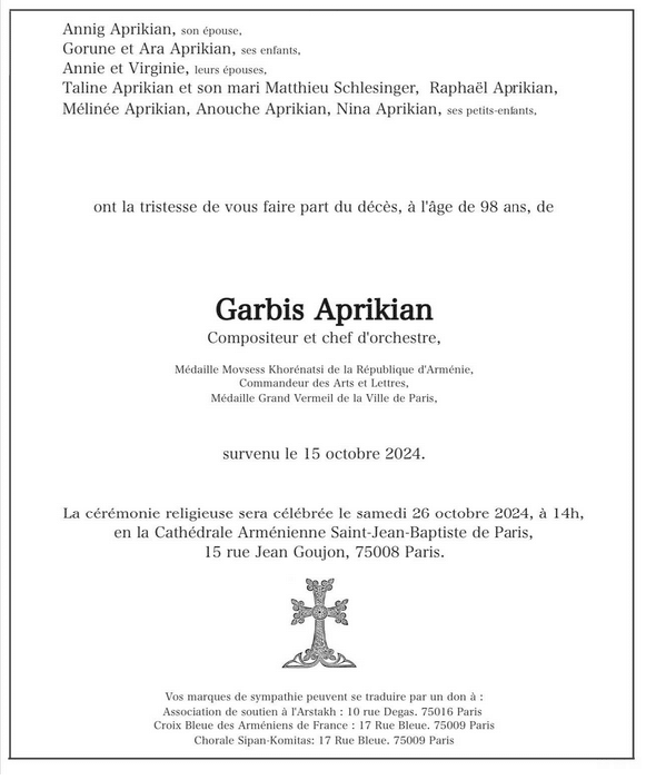 Obsèques de Garbis Aprikian le samedi 26 octobre