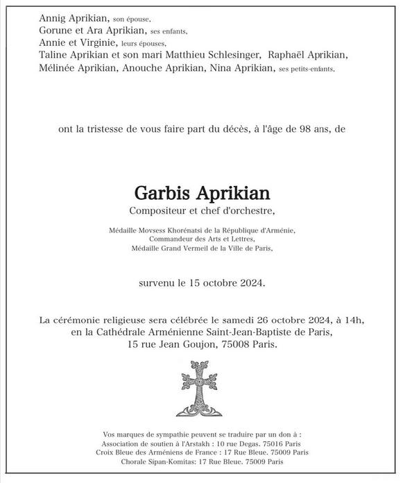 Obsèques de Garbis Aprikian demain
