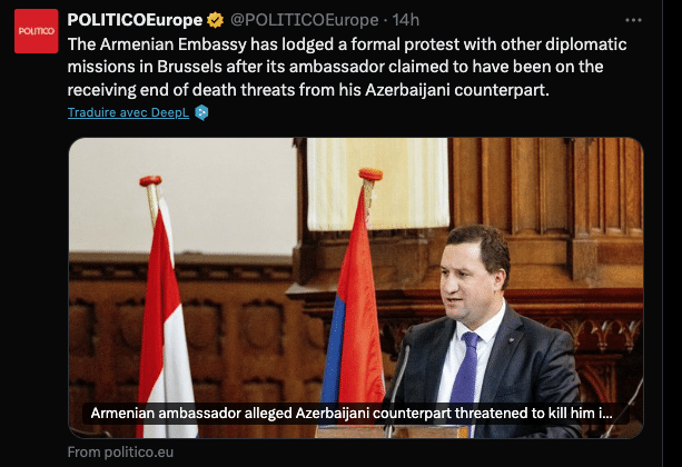 L&rsquo;ambassadeur d&rsquo;Arménie dit avoir reçu des menaces de son homologue azerbaïdjanais à Bruxelles –
