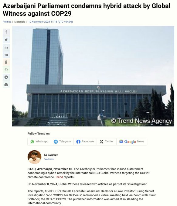 Le Parlement azerbaïdjanais condamne Global Witness