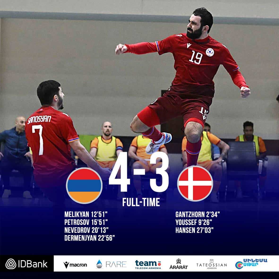 Lors du tour de qualification du Championnat d&rsquo;Europe de futsal, l’Arménie a battu 4-3 le Danemark