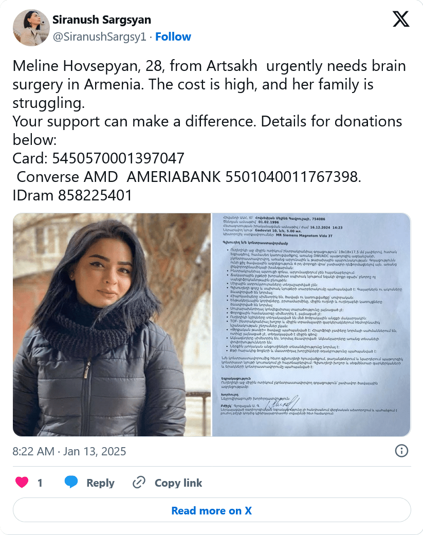Meline Hovsepyan, 28, from Artsakh  urgently needs brain surgery in Armenia