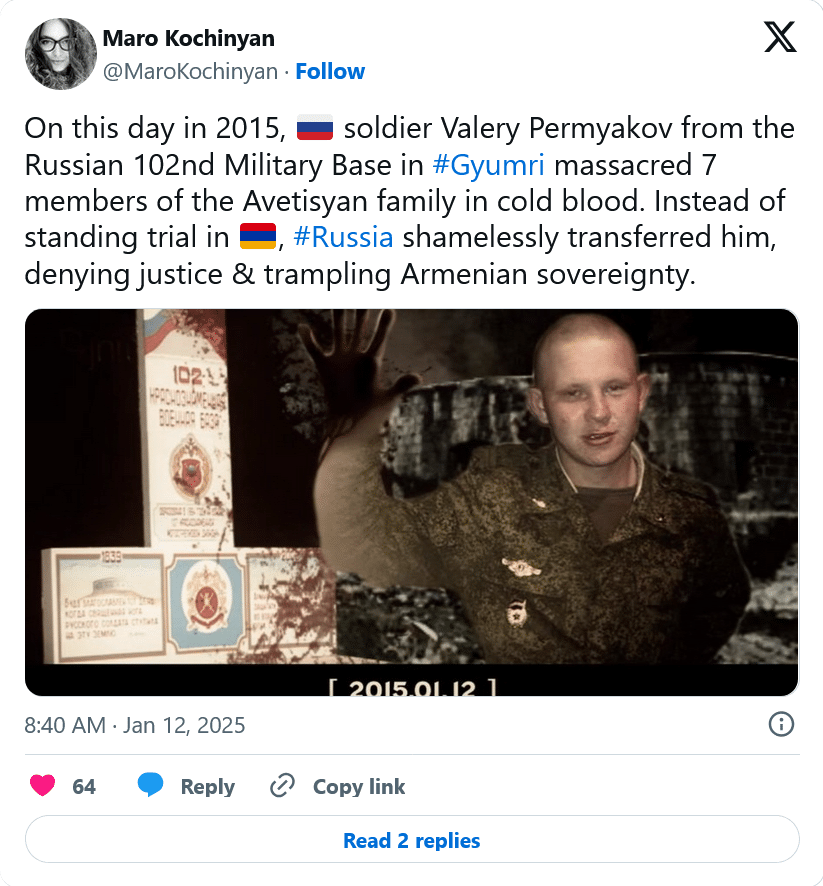 🇷🇺 soldier Valery Permyakov from the Russian 102nd Military Base in #Gyumri massacred 7 members of the Avetisyan family