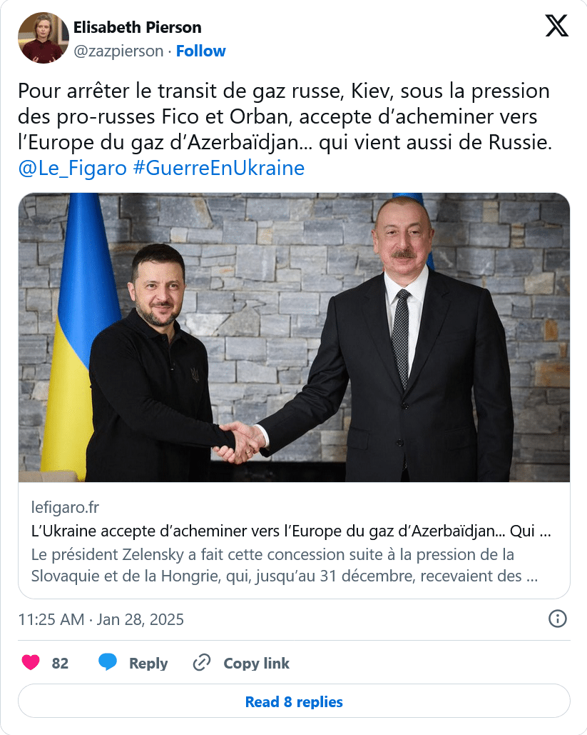 Elisabeth Pierson : Kiev accepte d’acheminer vers l’Europe du gaz d’Azerbaïdjan… qui vient aussi de Russie