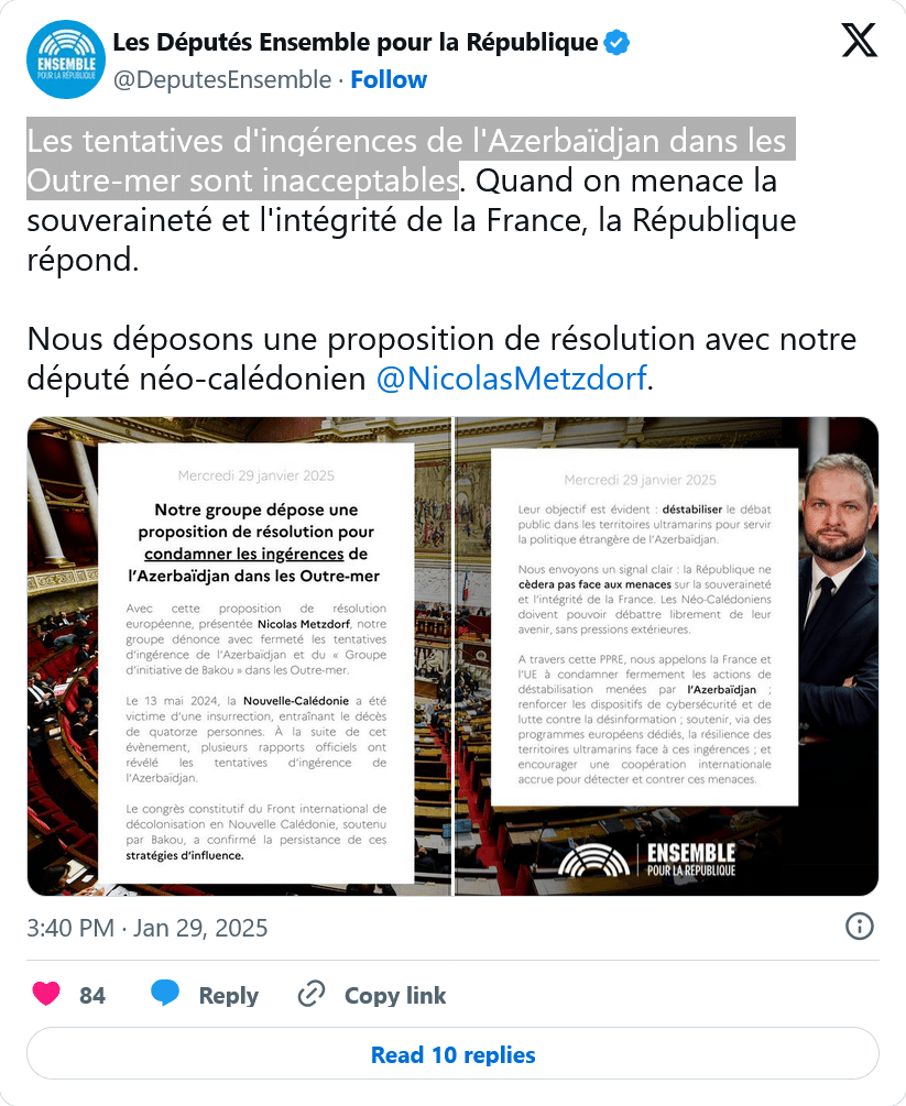 Députés ensemble pour la République : Les tentatives d&rsquo;ingérences de l&rsquo;Azerbaïdjan dans les Outre-mer sont inacceptables