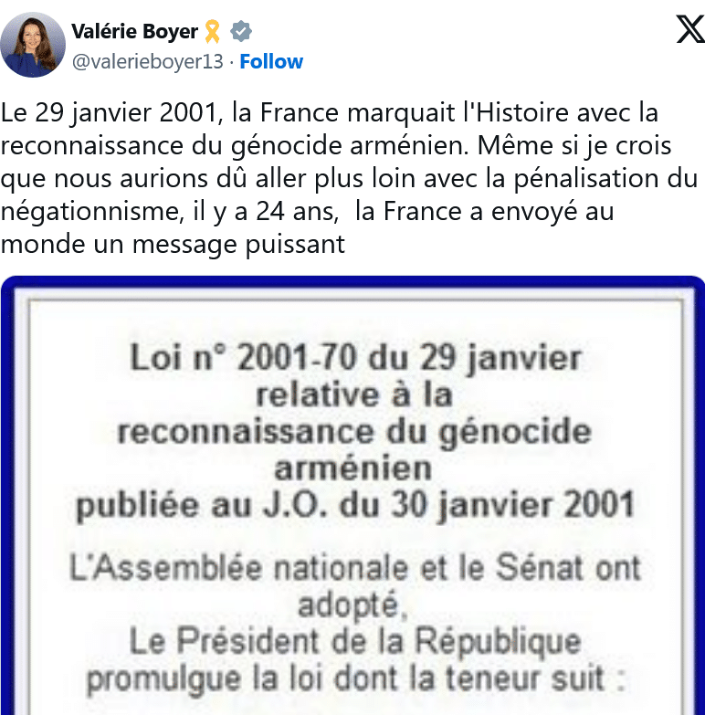 V. Boyer : Le 29 janvier 2001, la France marquait l&rsquo;Histoire avec la reconnaissance du génocide arménien