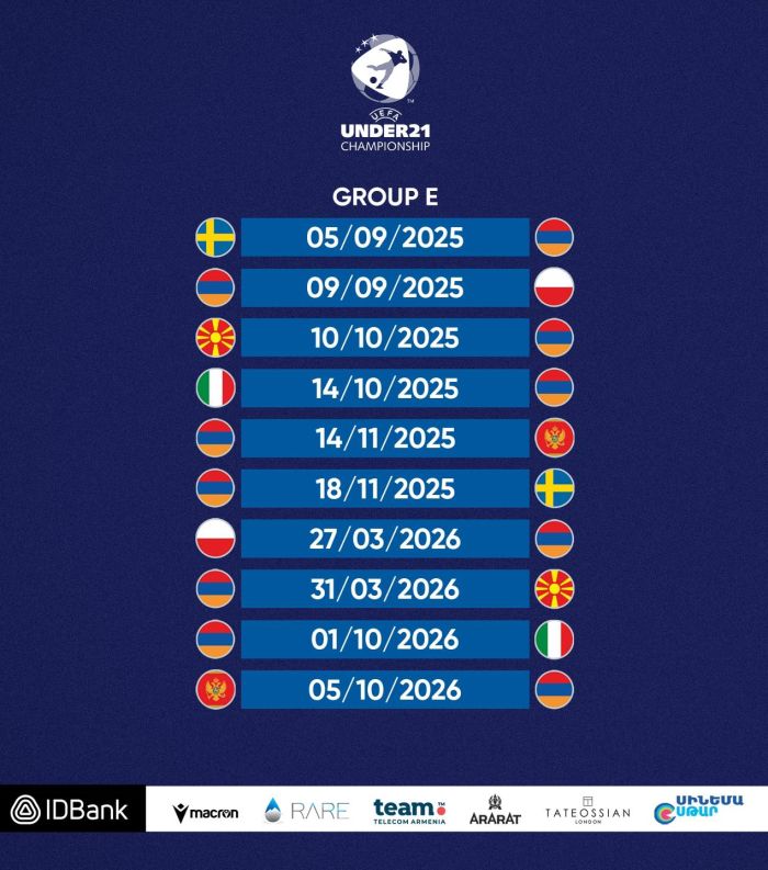 Le calendrier de l&rsquo;équipe nationale d’Arménie de football des moins de 21 ans (U21) pour les qualifications de l’euro 2027 est connu