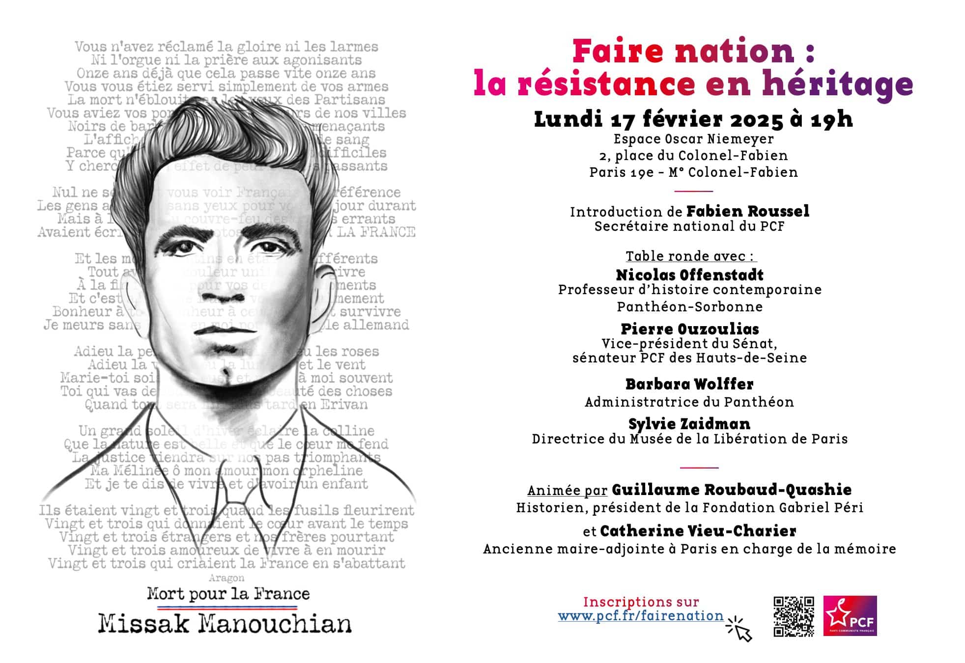 Panthéonisation de Missak Manouchian :  meeting lundi soir place du Colonel Fabien