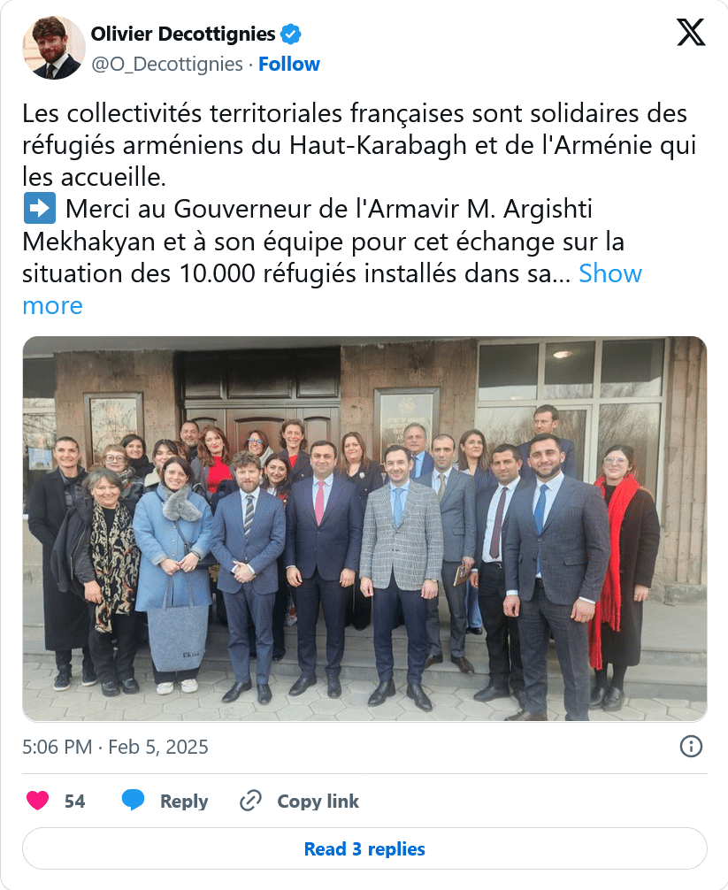 O. Decottignies : Les collectivités territoriales françaises sont solidaires des réfugiés arméniens du Haut-Karabagh et de l&rsquo;Arménie