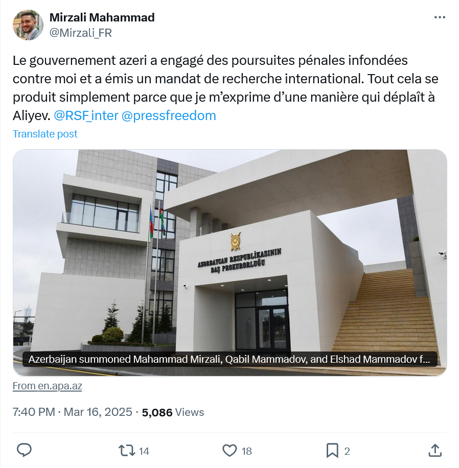 Mirzali Mahammad : Le gouvernement azeri a engagé des poursuites pénales infondées contre moi