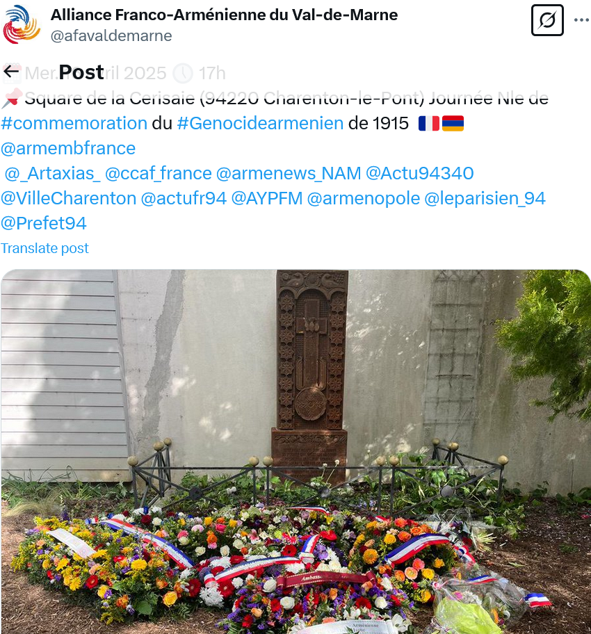 Alliance Franco-Arménienne du Val-de-Marne : 16 avril 2025, commémoration du génocide