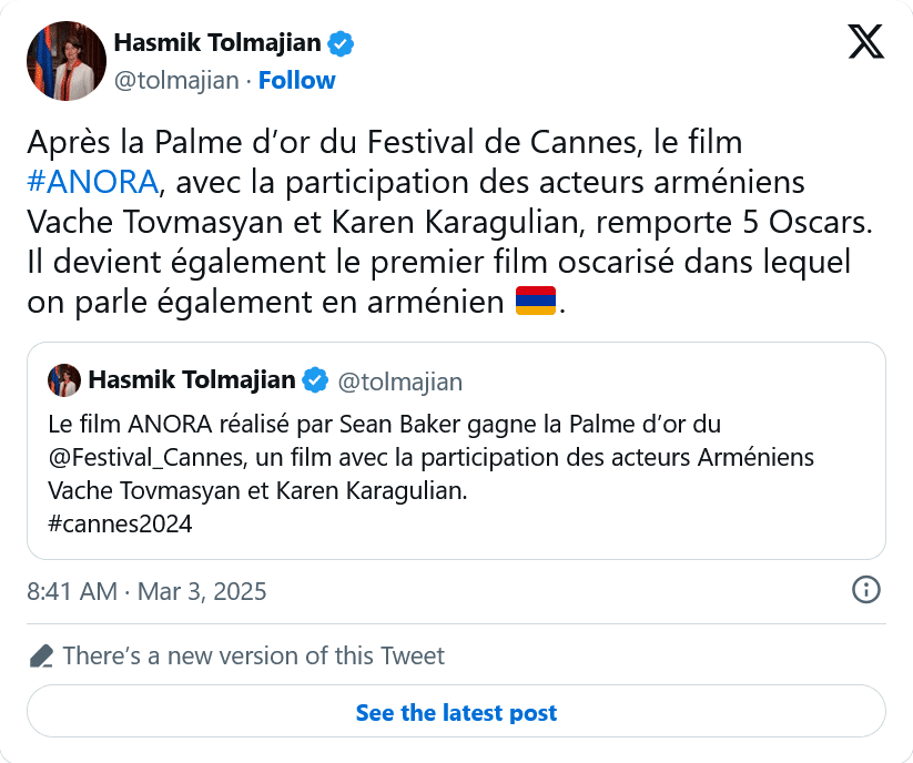 H. Tolmajian : Anora, premier film oscarisé dans lequel on parle arménien