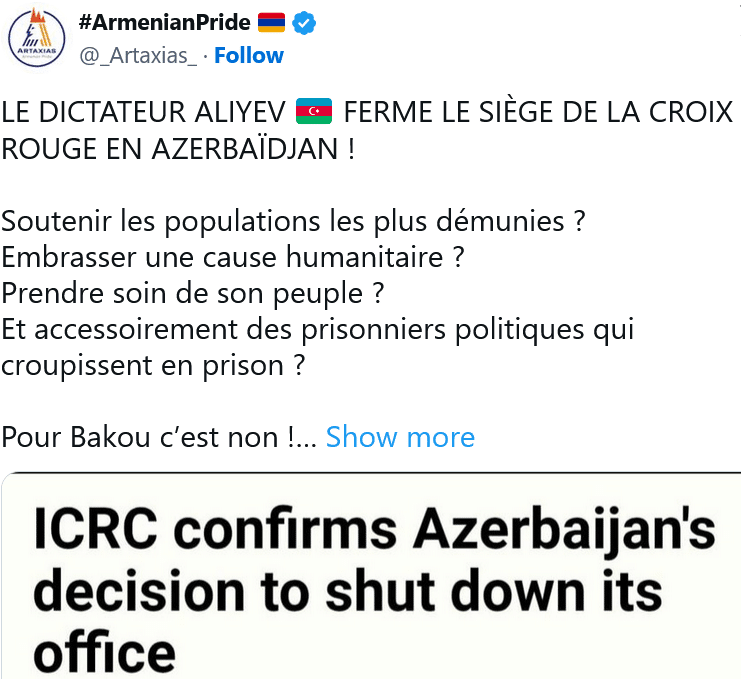 Artaxias : le dictateur Aliev ferme le siège de la Croix Rouge