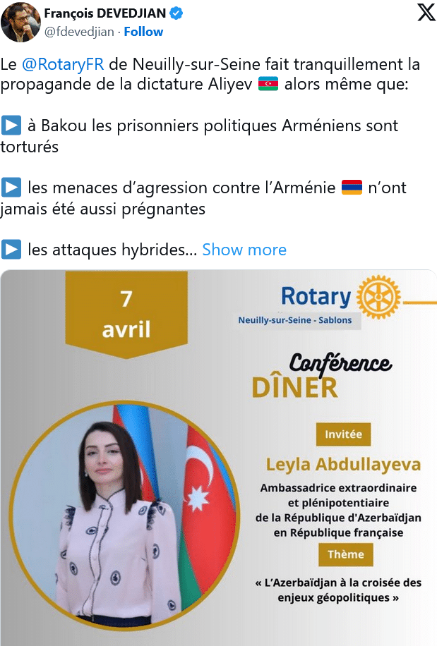 F. Devedjian : Le @RotaryFR  de Neuilly-sur-Seine fait tranquillement la propagande de la dictature Aliyev