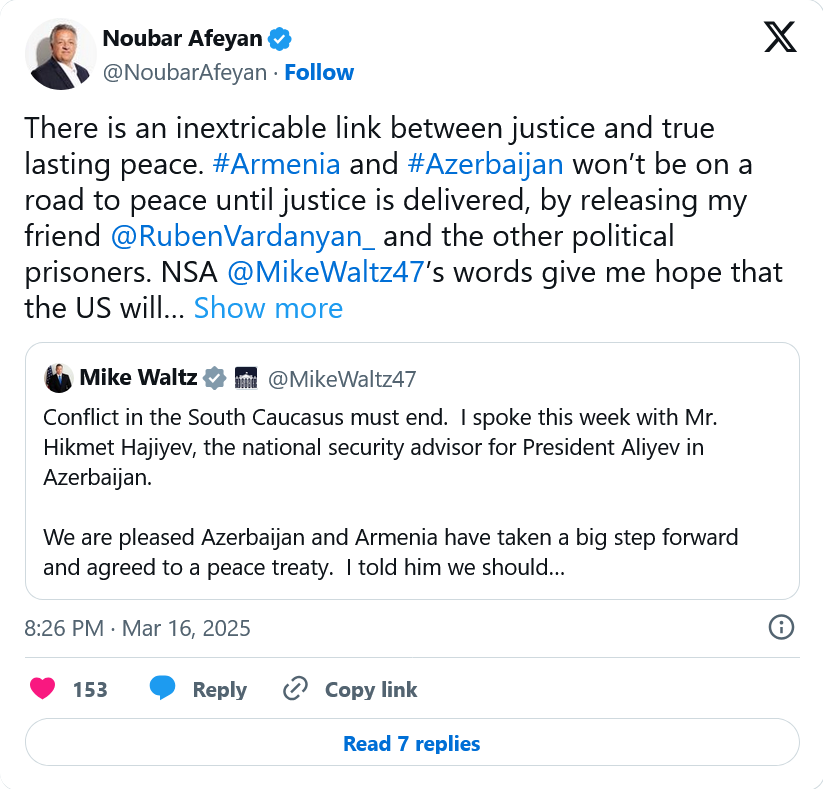 Noubar Afeyan : #Armenia and #Azerbaijan won’t be on a road to peace until justice is delivered, by releasing my friend @RubenVardanyan_  and the other political prisoners